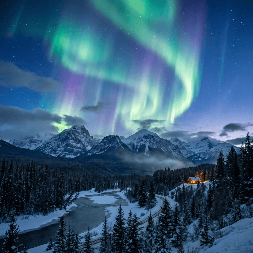 A magical aurora over snow-capped mountains at twilight, cinematic 4K, volumetric lighting, ultra-detailed landscape photography