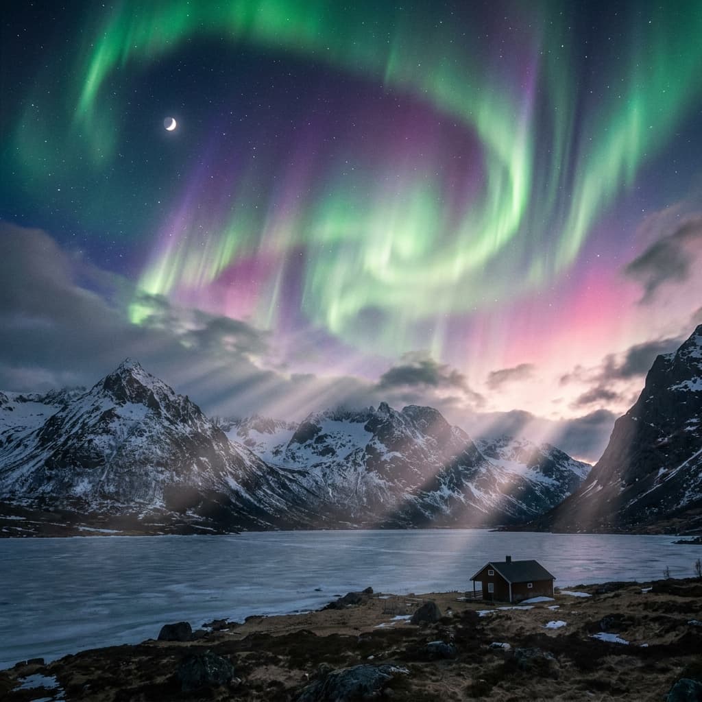 A magical aurora over snow-capped mountains at twilight, cinematic 4K, volumetric lighting, ultra-detailed landscape photography