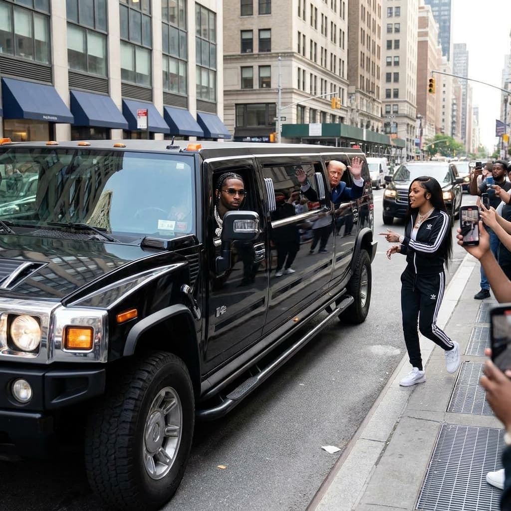 Donald trump in a hummer limo with pop smoke driving down the street with glorilla running down sidewalk trying to chase limo down 