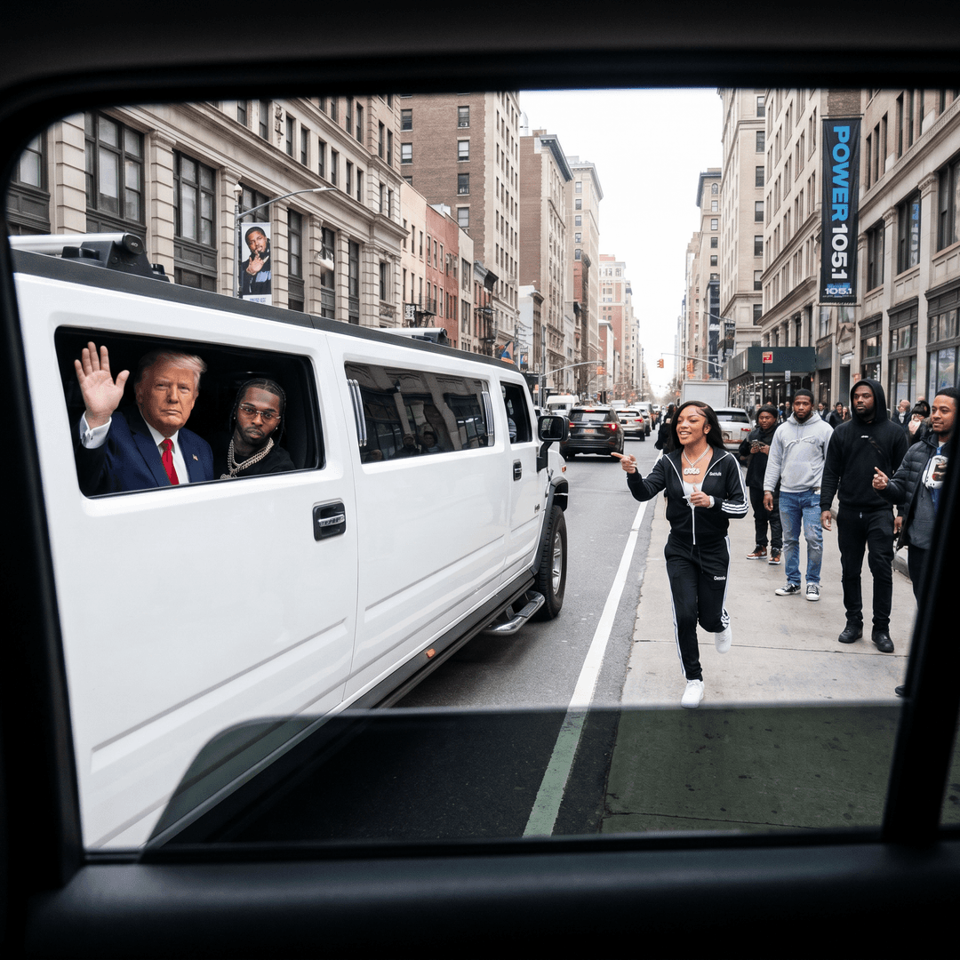Donald trump in a hummer limo with pop smoke driving down the street with glorilla running down sidewalk trying to chase limo down 