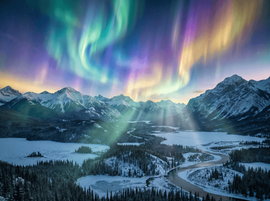 A magical aurora over snow-capped mountains at twilight, cinematic 4K, volumetric lighting, ultra-detailed landscape photography
