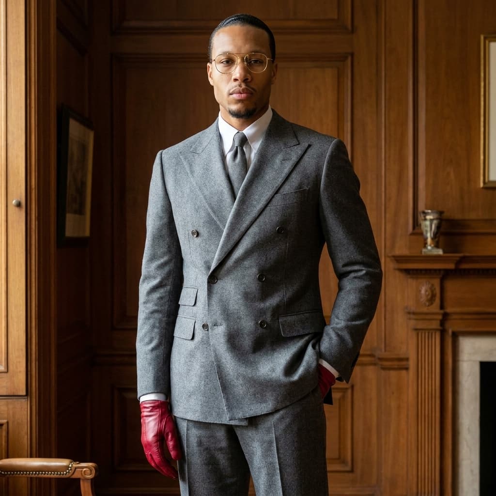 Using the attached reference image of the male model, style him with this detail outfit (gold wire-frame glasses, hair slicked back tight,
grey double-breasted wool suit, cherry red gloves.)… 4k, ultra photorealistic, model standing on a relaxed pose, full body shot model is 6’5ft tall, maintain exact image identity..