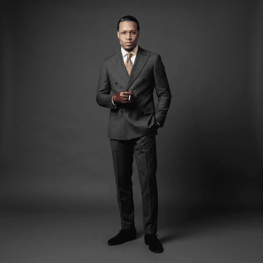 **Subject:** A 6'5" tall male model, exuding a sophisticated and confident aura. He is impeccably styled in a charcoal grey double-breasted wool suit, tailored to perfection, with a pristine white dress shirt and a subtly textured silk tie. His hair is slicked back with a high-gloss finish, revealing a sharp, clean hairline. He wears elegant gold wire-frame glasses that complement his facial structure. His hands are adorned with luxurious cherry red leather gloves, adding a striking pop of color and a hint of daring. His feet are clad in sleek black suede dress shoes, polished to a soft sheen.

**Pose:** The model stands in a relaxed yet powerful full-body pose, one hand casually in his suit pocket, the other holding a single, unlit vintage cigarette (or a neutral prop if smoking is to be avoided). His gaze is direct and self-assured, meeting the viewer's eye with an air of quiet confidence. His posture is upright and statuesque, showcasing the impeccable fit of his attire.

**Lighting:** Soft, diffused studio lighting from a high-key setup, highlighting the textures of the suit and the reflective qualities of the glasses and hair. A subtle rim light from the back left defines his silhouette and adds depth.

**Environment:** A minimalist, high-end studio setting with a neutral, dark grey seamless backdrop, allowing the model and his attire to be the absolute focal point.

**Camera:** High-resolution digital medium format camera (e.g., Hasselblad X2D 100C).

**Lens:** 80mm prime lens, for a natural perspective and excellent depth of field.

**Aperture:** f/4.0, to achieve a sharp focus on the model while subtly blurring the background.

**Shutter Speed:** 1/125th of a second.

**ISO:** 100.

**Style:** Hyperrealistic, fashion editorial, high-end commercial photography. The image should convey a sense of luxury, sophistication, and meticulous attention to detail. Every thread of the suit, every reflection on the glasses, and the subtle texture of the gloves should be rendered with breathtaking clarity.

**Output:** 4K, ultra-photorealistic, museum-quality print.