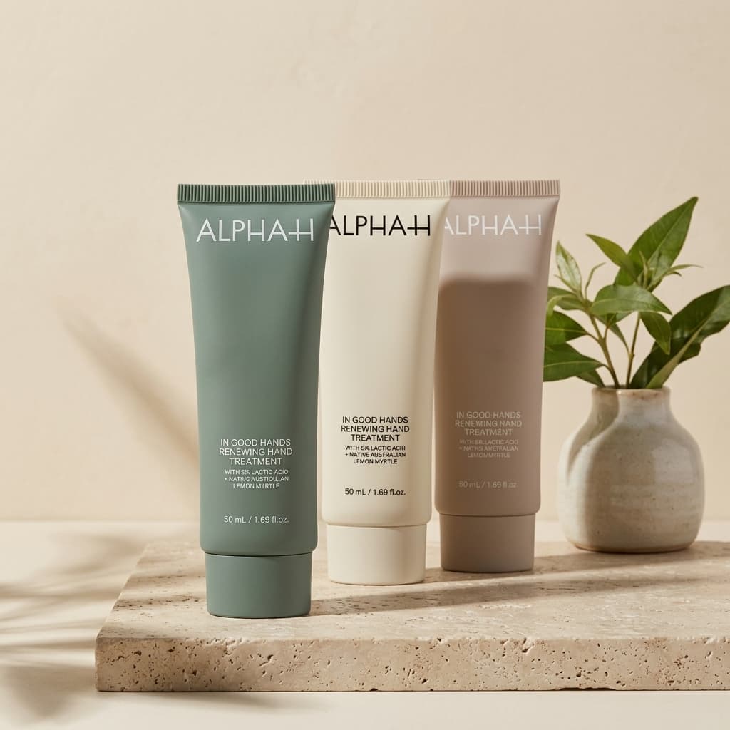 REFERENCE IMAGE 1 = LOCK SKINCARE PRODUCT IDENTITY

Ultra realistic luxury skincare still-life editorial photography, three premium skincare tube variants arranged in sophisticated asymmetrical composition, sage green, muted cream, and soft stone beige packaging palette, elevated botanical luxury aesthetic, minimalist Scandinavian and Japanese-inspired skincare branding, products standing vertically with staggered luxury spacing, matte travertine stone surface, warm ivory seamless backdrop, subtle botanical shadow gradients, clean premium beauty campaign styling, understated luxury wellness atmosphere, creamy diffused daylight, soft elegant reflections on packaging, realistic matte tube textures, calm restorative mood, editorial skincare product photography, negative space composition, subtle environmental softness, premium skincare advertisement aesthetic, luxury clean beauty branding, medium format still-life photography look, shot on Hasselblad X2D, 85mm lens, shallow depth of field, cinematic focus separation, highly detailed realistic packaging textures, photorealistic commercial skincare campaign, sophisticated neutral color harmony, luxury beauty magazine aesthetic

Negative prompt:
bright saturated colors, cluttered props, harsh reflections, cheap ecommerce aesthetic, cartoon, anime, CGI look, warped packaging, distorted text, plastic texture, excessive shadows, colorful background, influencer aesthetic, noisy image, unrealistic reflections, messy composition, dramatic fashion styling