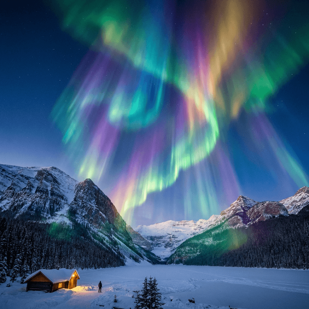 A magical aurora over snow-capped mountains at twilight, cinematic 4K, volumetric lighting, ultra-detailed landscape photography