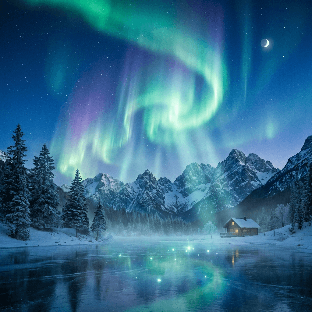 A magical aurora over snow-capped mountains at twilight, cinematic 4K, volumetric lighting, ultra-detailed landscape photography