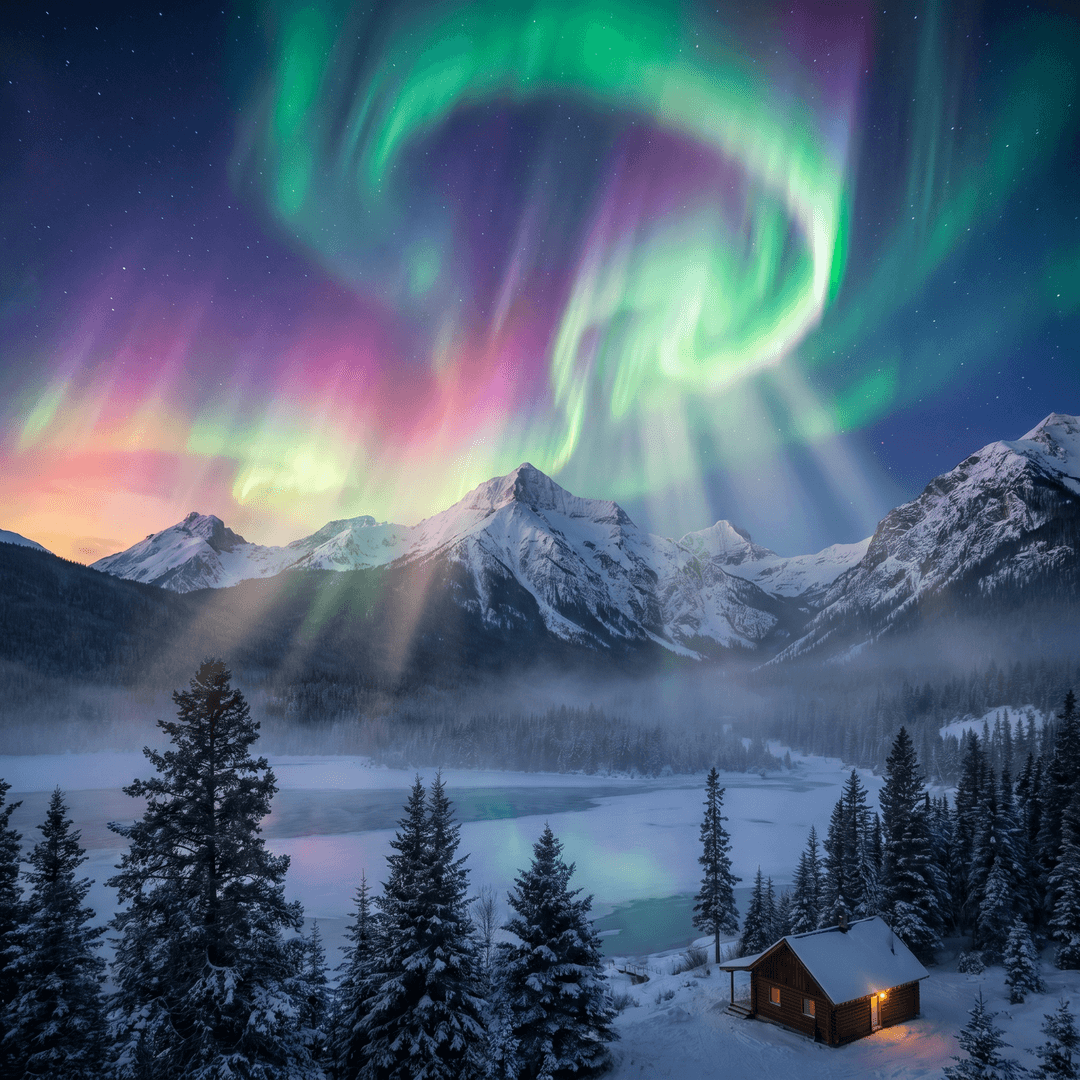 A magical aurora over snow-capped mountains at twilight, cinematic 4K, volumetric lighting, ultra-detailed landscape photography