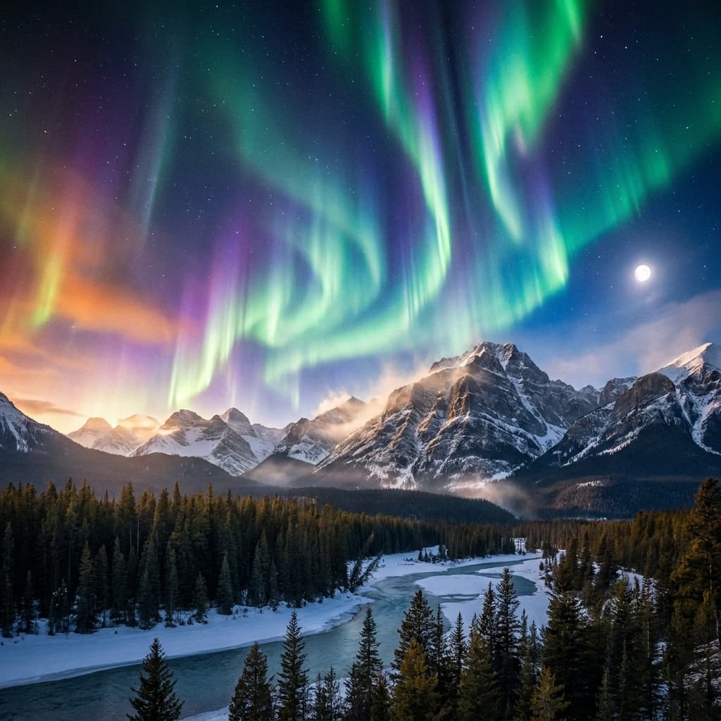 A magical aurora over snow-capped mountains at twilight, cinematic 4K, volumetric lighting, ultra-detailed landscape photography