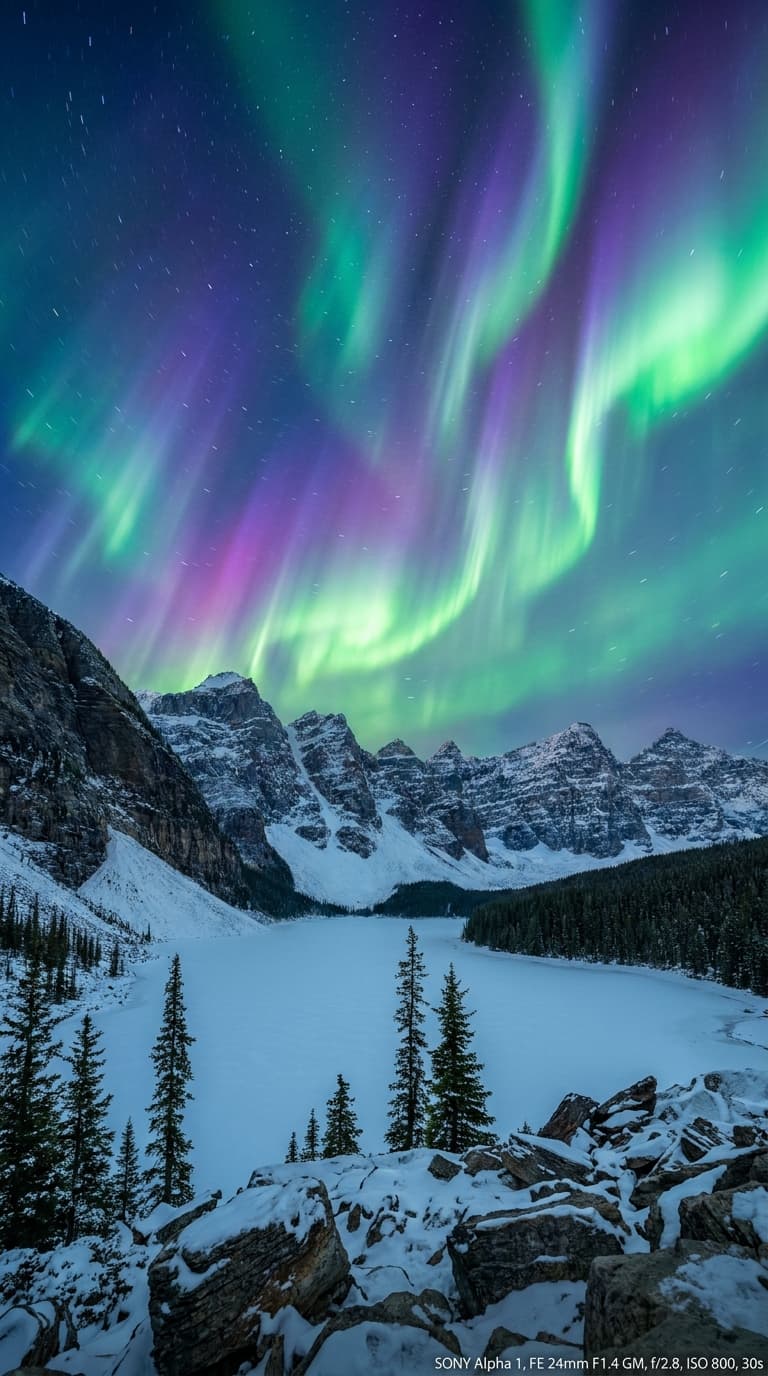 **Prompt:** A breathtaking, hyper-realistic photograph of a magical aurora borealis, vibrant and ethereal, cascading across dramatic, snow-capped mountain peaks at twilight. The scene is bathed in soft, volumetric lighting, emphasizing the intricate textures of the snow and the celestial glow. Ultra-detailed landscape photography, cinematic 4K, professional grade, shot on a Sony Alpha 1 with a G Master lens, f/2.8, ISO 800, 30-second exposure.