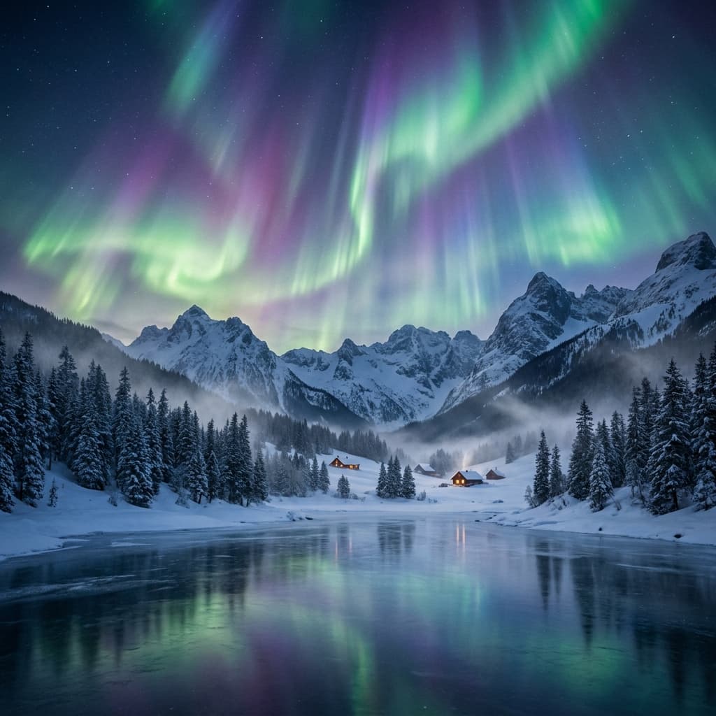 A magical aurora over snow-capped mountains at twilight, cinematic 4K, volumetric lighting, ultra-detailed landscape photography