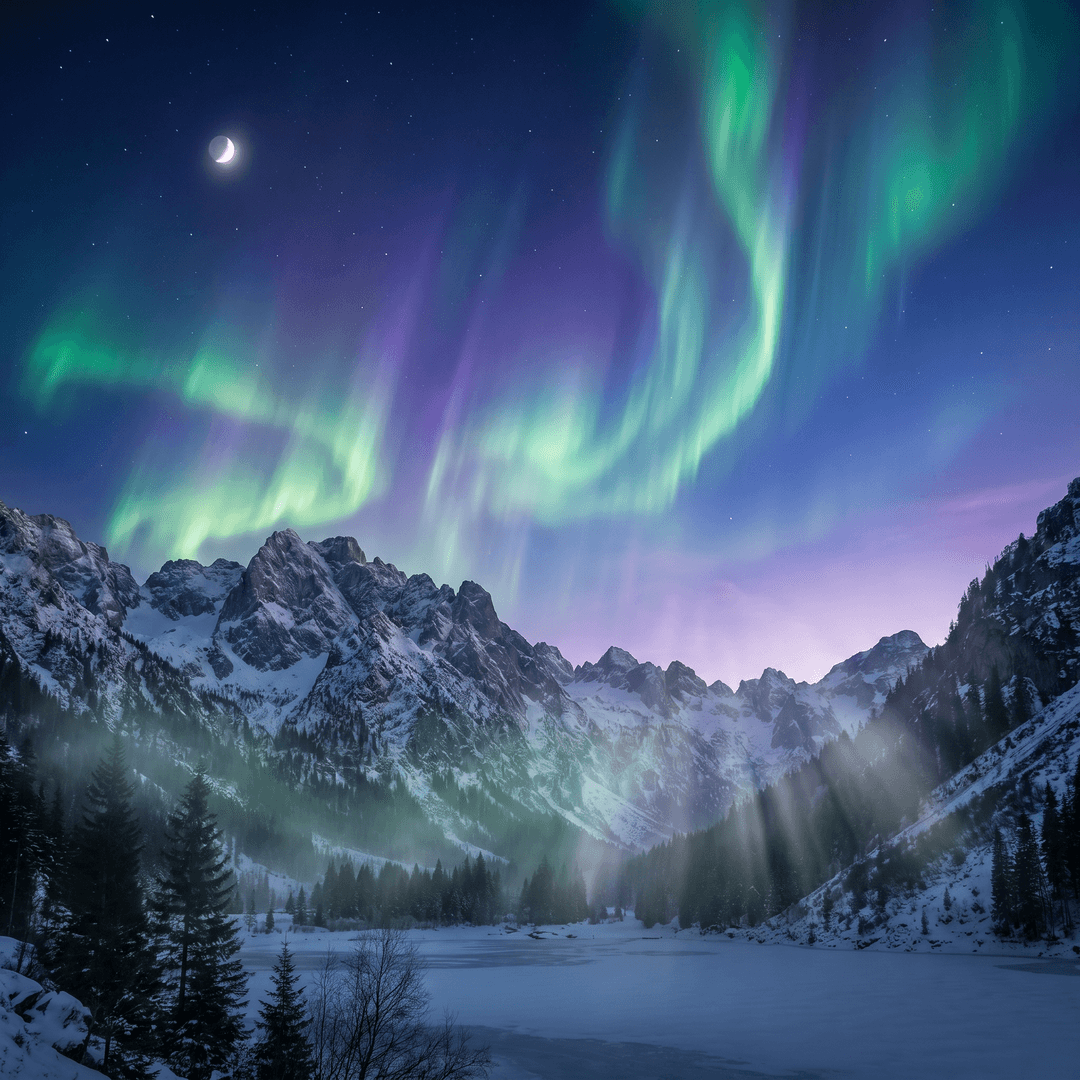 A magical aurora over snow-capped mountains at twilight, cinematic 4K, volumetric lighting, ultra-detailed landscape photography
