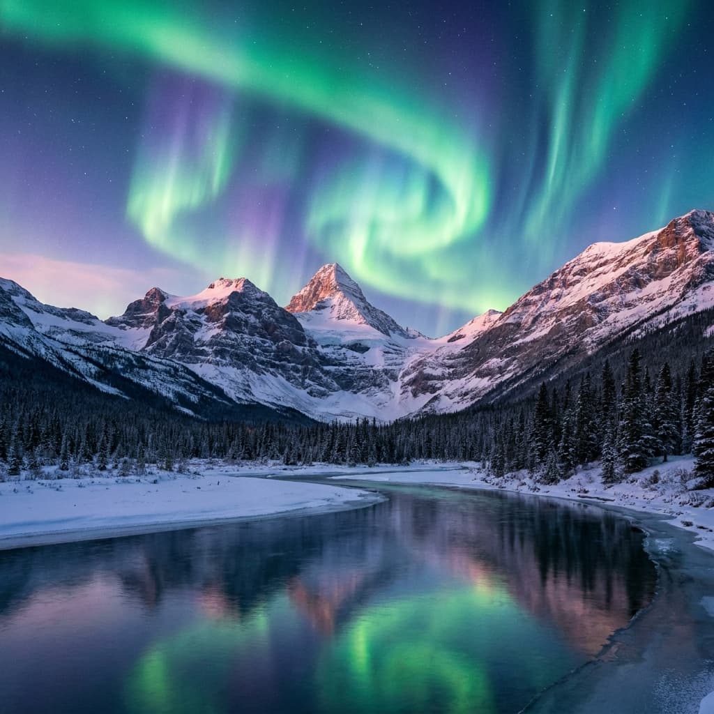 A magical aurora over snow-capped mountains at twilight, cinematic 4K, volumetric lighting, ultra-detailed landscape photography