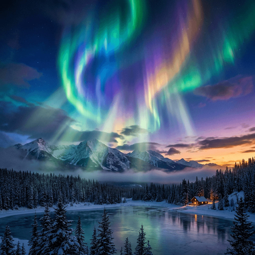 A magical aurora over snow-capped mountains at twilight, cinematic 4K, volumetric lighting, ultra-detailed landscape photography