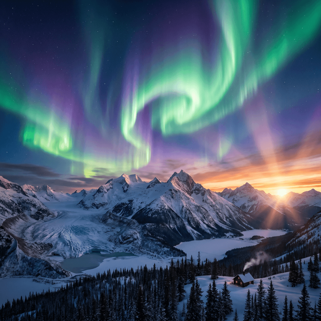 A magical aurora over snow-capped mountains at twilight, cinematic 4K, volumetric lighting, ultra-detailed landscape photography
