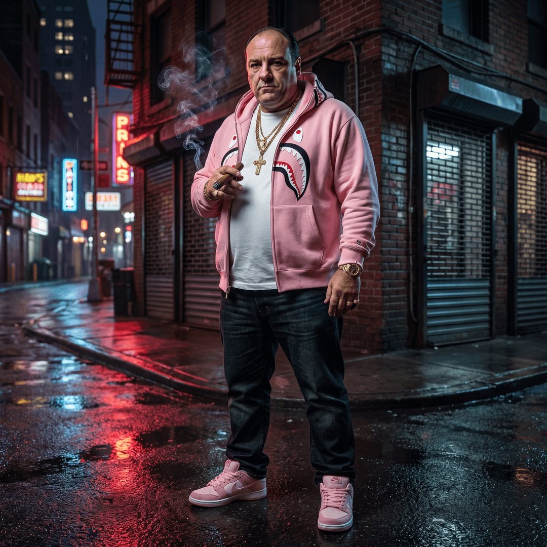 A full-body, ultra-realistic cinematic portrait of a mob boss inspired by Tony Soprano. He stands confidently in an urban street setting at night, wearing a pink BAPE shark hoodie (hood down), layered with a heavy gold cross chain, gold pinky ring, and a gold Rolex Submariner watch. He is smoking a thick cigar, with smoke drifting upward in dramatic lighting.



Outfit includes pink Nike SB Dunk Low Travis Scott sneakers, highly detailed and clean. His stance is powerful and relaxed, slightly forward-leaning, with a serious expression. The lighting is moody, high-contrast, with cinematic shadows and subtle neon reflections.



Shot on 85mm lens, shallow depth of field, 8K resolution, hyper-detailed skin texture, realistic fabric folds, glossy jewelry reflections. Streetwear meets mafia aesthetic. Background slightly blurred city lights, luxury vibe, dramatic atmosphere.

