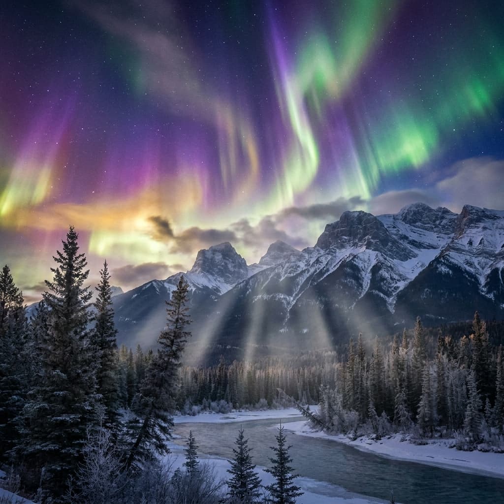 A magical aurora over snow-capped mountains at twilight, cinematic 4K, volumetric lighting, ultra-detailed landscape photography