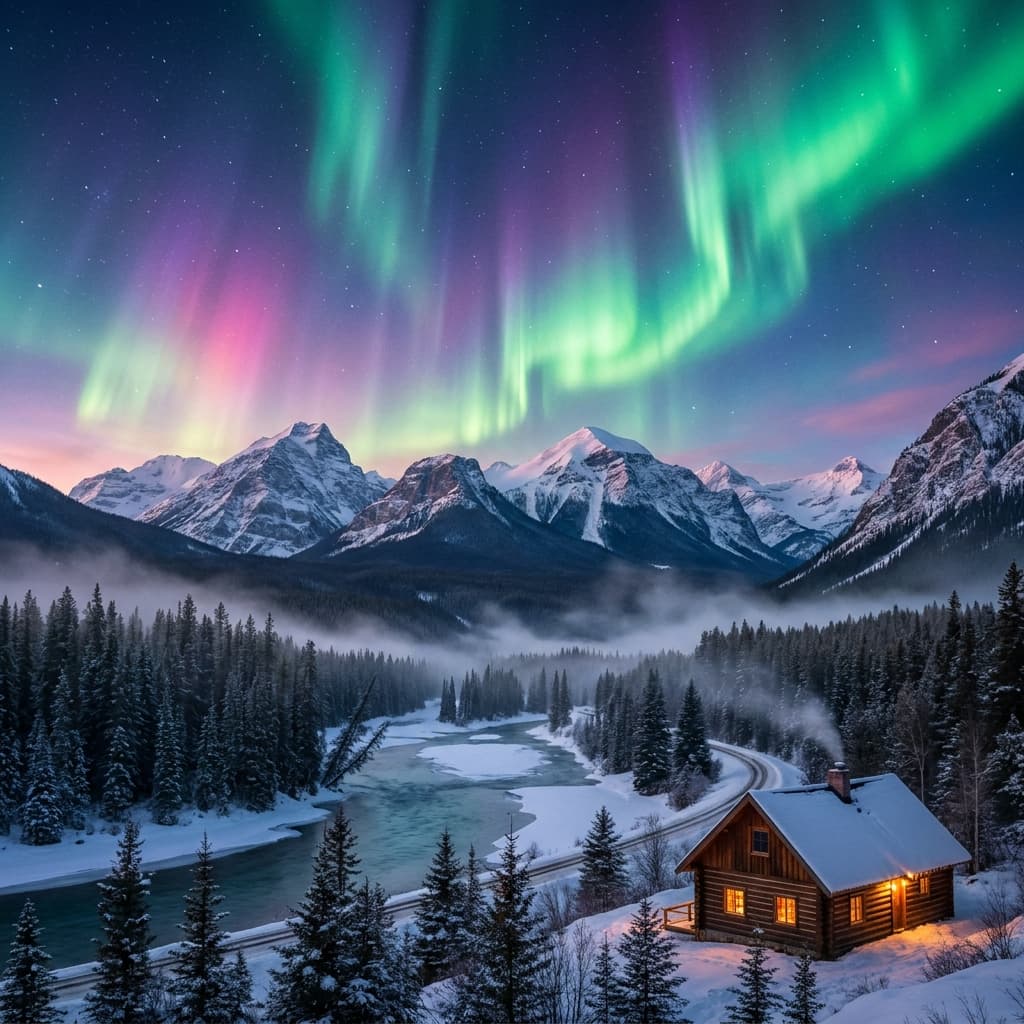 A magical aurora over snow-capped mountains at twilight, cinematic 4K, volumetric lighting, ultra-detailed landscape photography