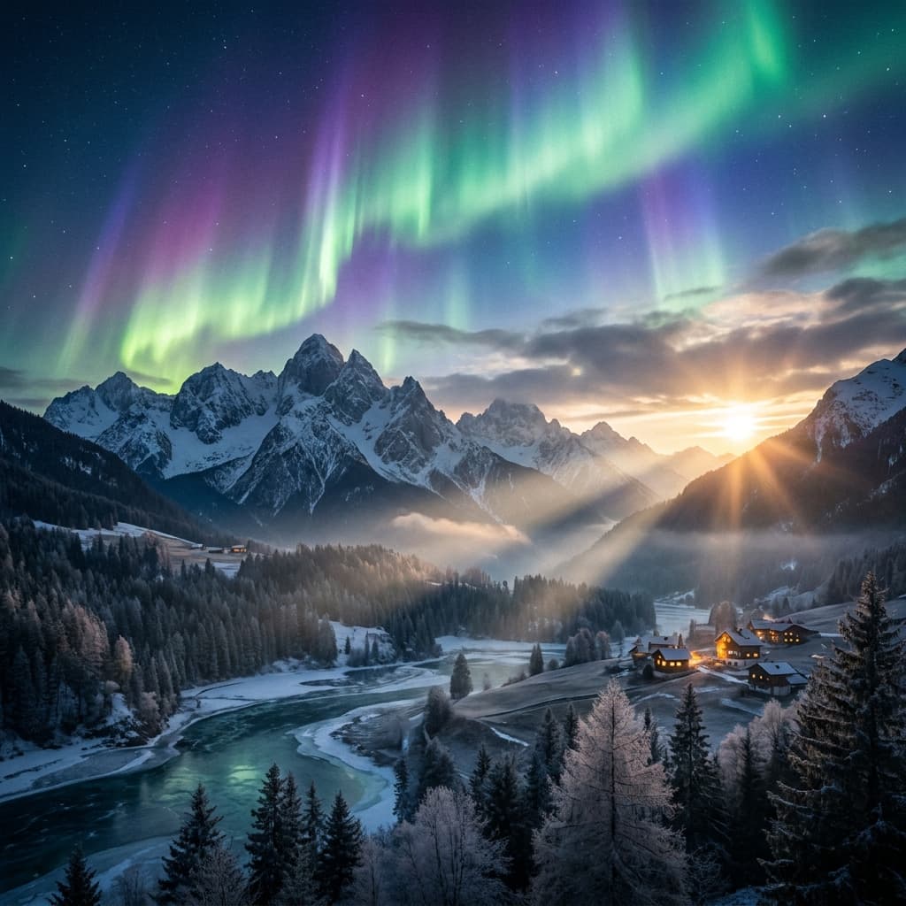 A magical aurora over snow-capped mountains at twilight, cinematic 4K, volumetric lighting, ultra-detailed landscape photography