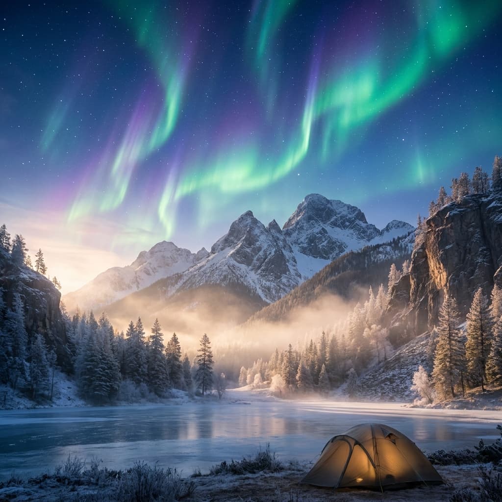 A magical aurora over snow-capped mountains at twilight, cinematic 4K, volumetric lighting, ultra-detailed landscape photography