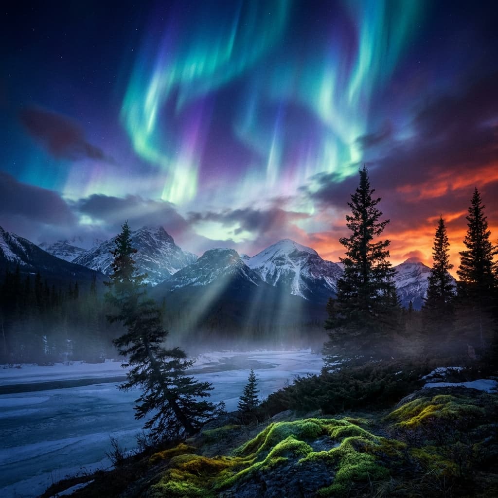 A magical aurora over snow-capped mountains at twilight, cinematic 4K, volumetric lighting, ultra-detailed landscape photography