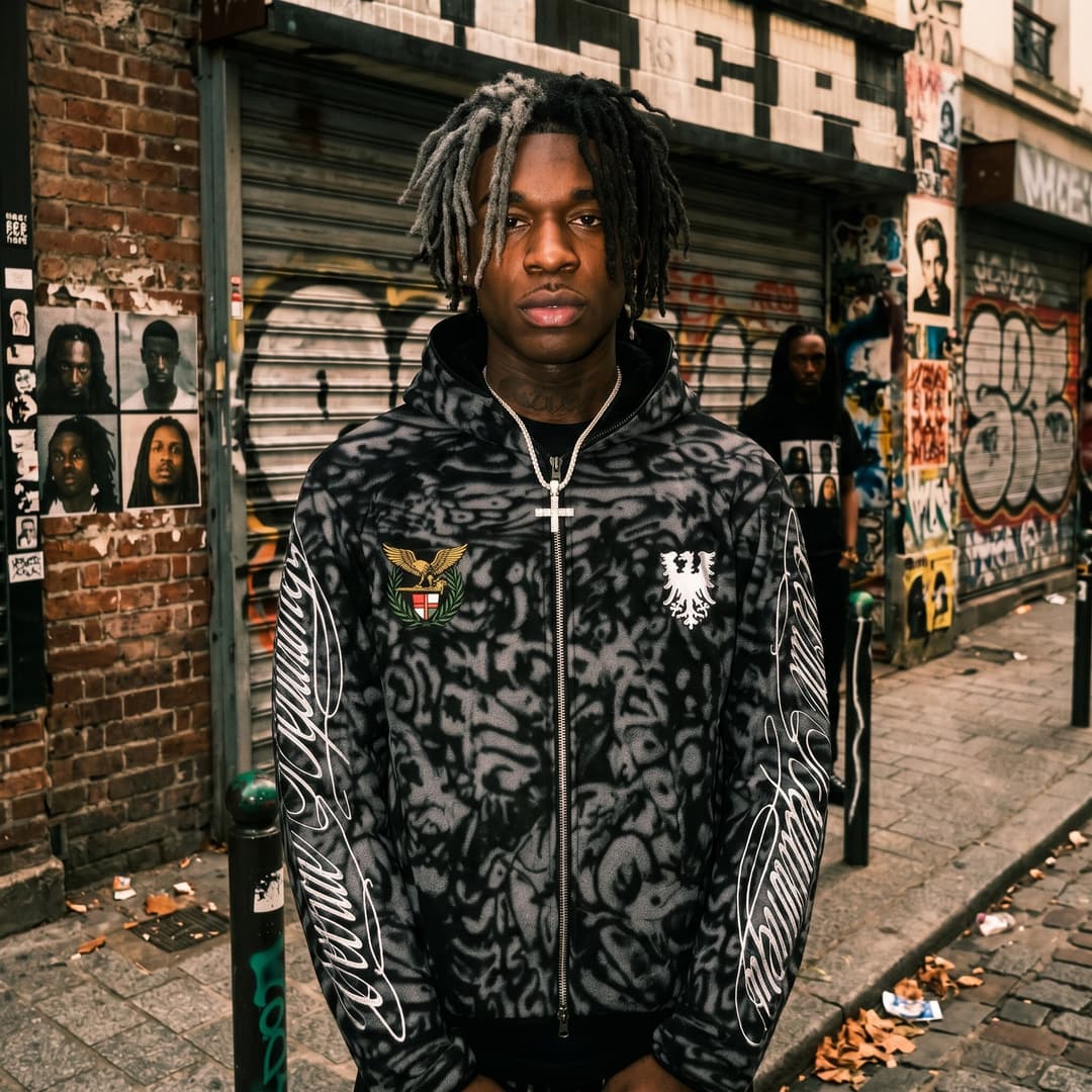 A young Black male model wearing a black all-over-print hooded zip-up jacket with eagle crest embroidery and script lettering on the sleeves, standing on a gritty urban city street