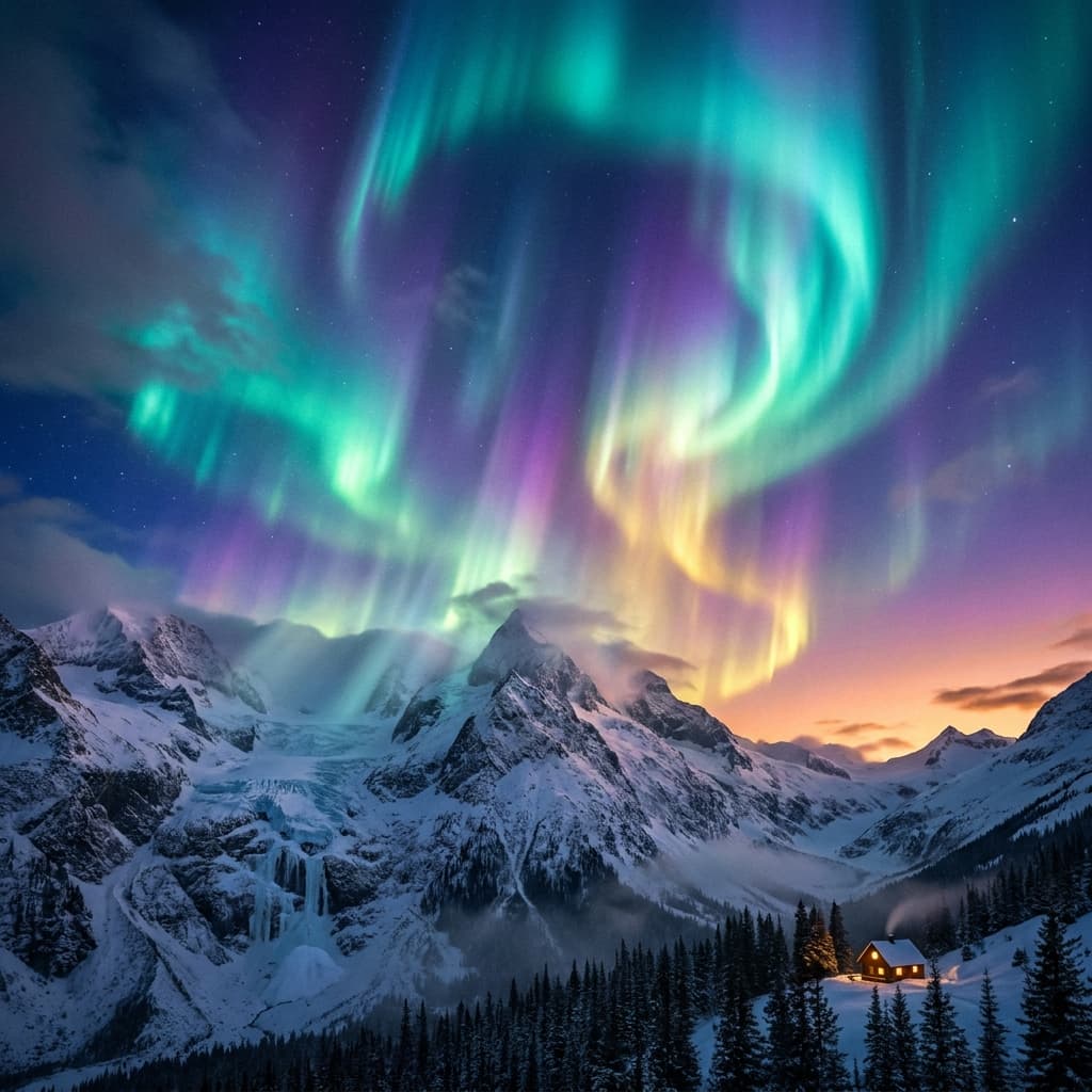 A magical aurora over snow-capped mountains at twilight, cinematic 4K, volumetric lighting, ultra-detailed landscape photography