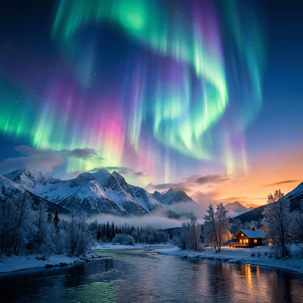 A magical aurora over snow-capped mountains at twilight, cinematic 4K, volumetric lighting, ultra-detailed landscape photography