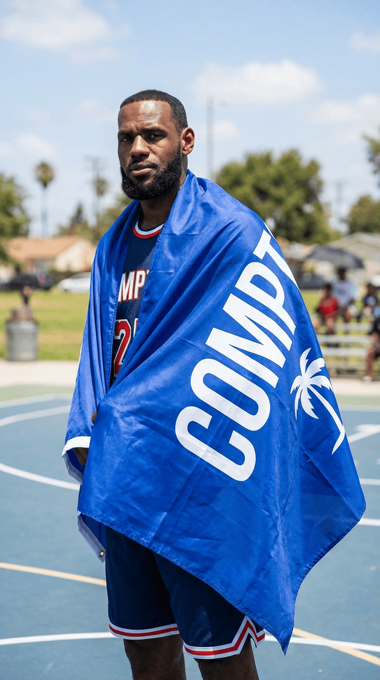 LeBron James in the Compton blue flag 