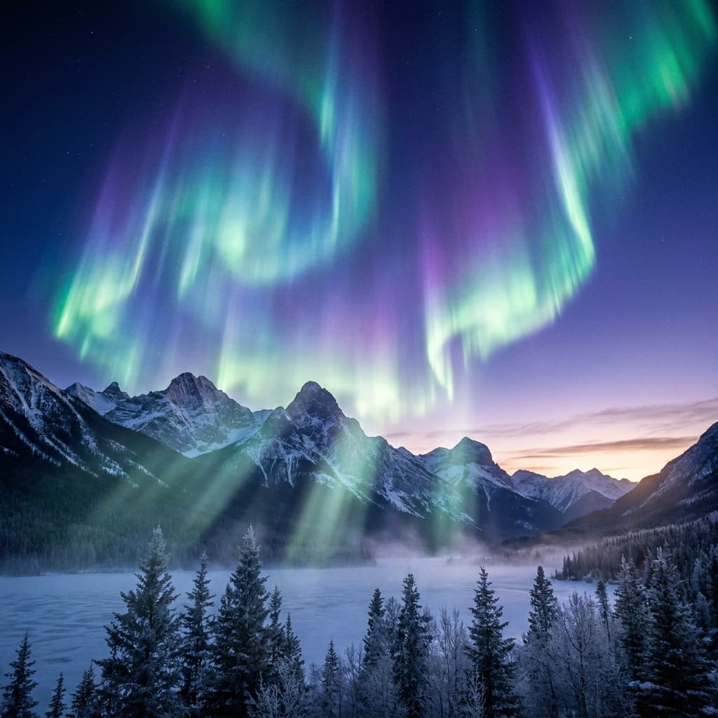 A magical aurora over snow-capped mountains at twilight, cinematic 4K, volumetric lighting, ultra-detailed landscape photography