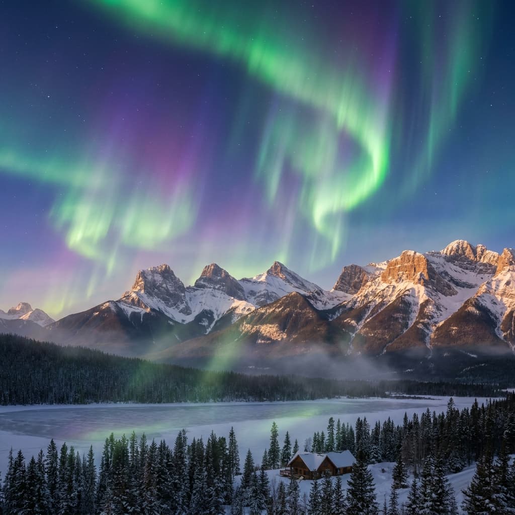 A magical aurora over snow-capped mountains at twilight, cinematic 4K, volumetric lighting, ultra-detailed landscape photography
