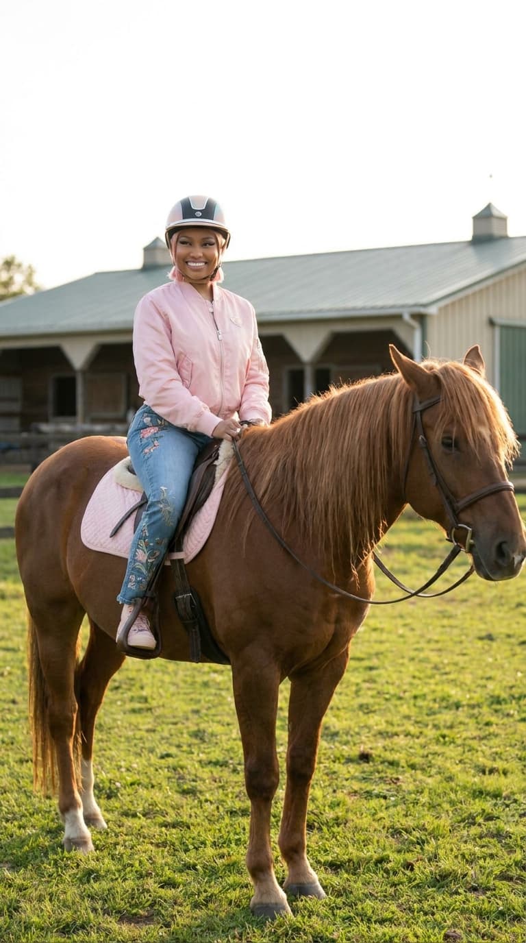 nikki minaj in a cute outfit on a horse