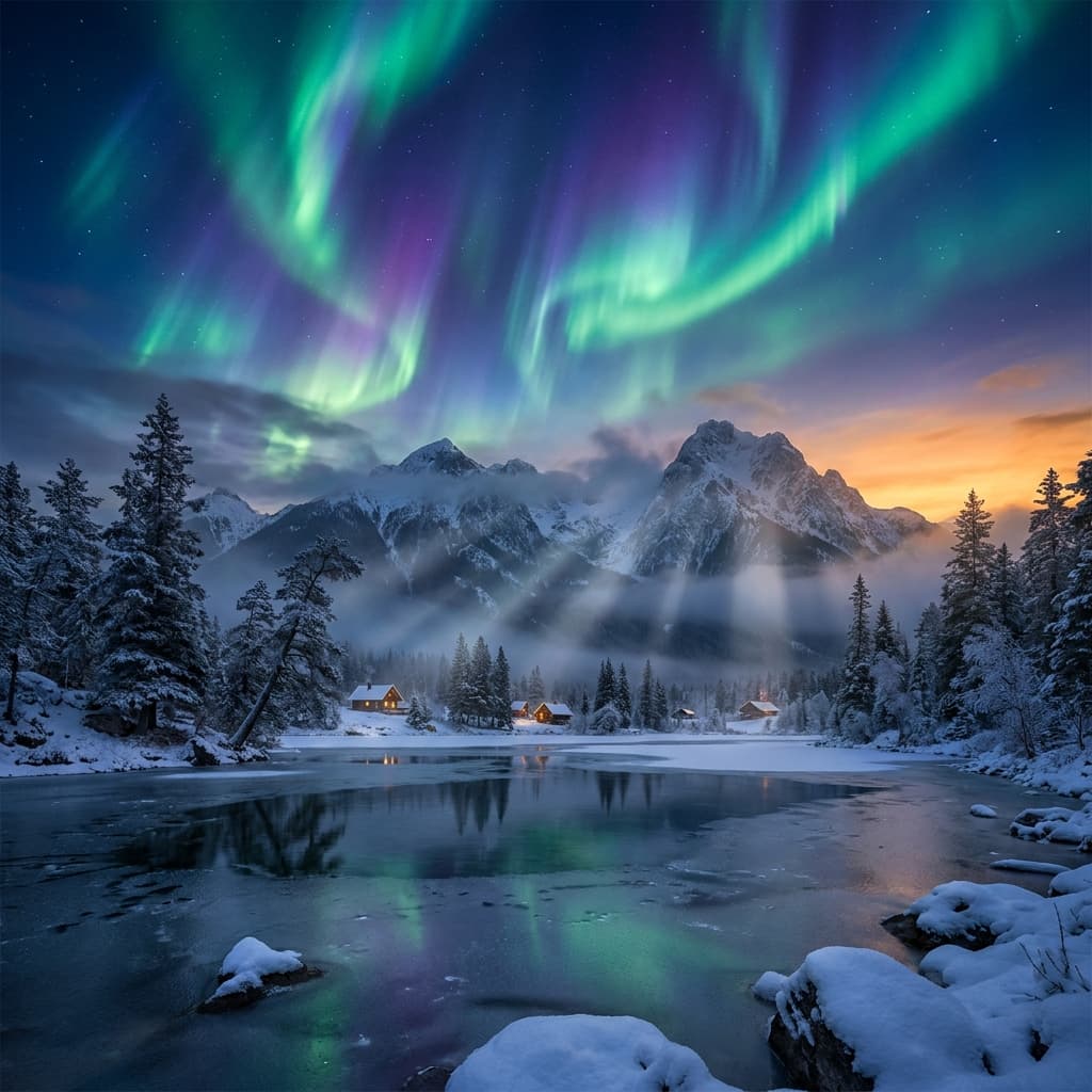 A magical aurora over snow-capped mountains at twilight, cinematic 4K, volumetric lighting, ultra-detailed landscape photography