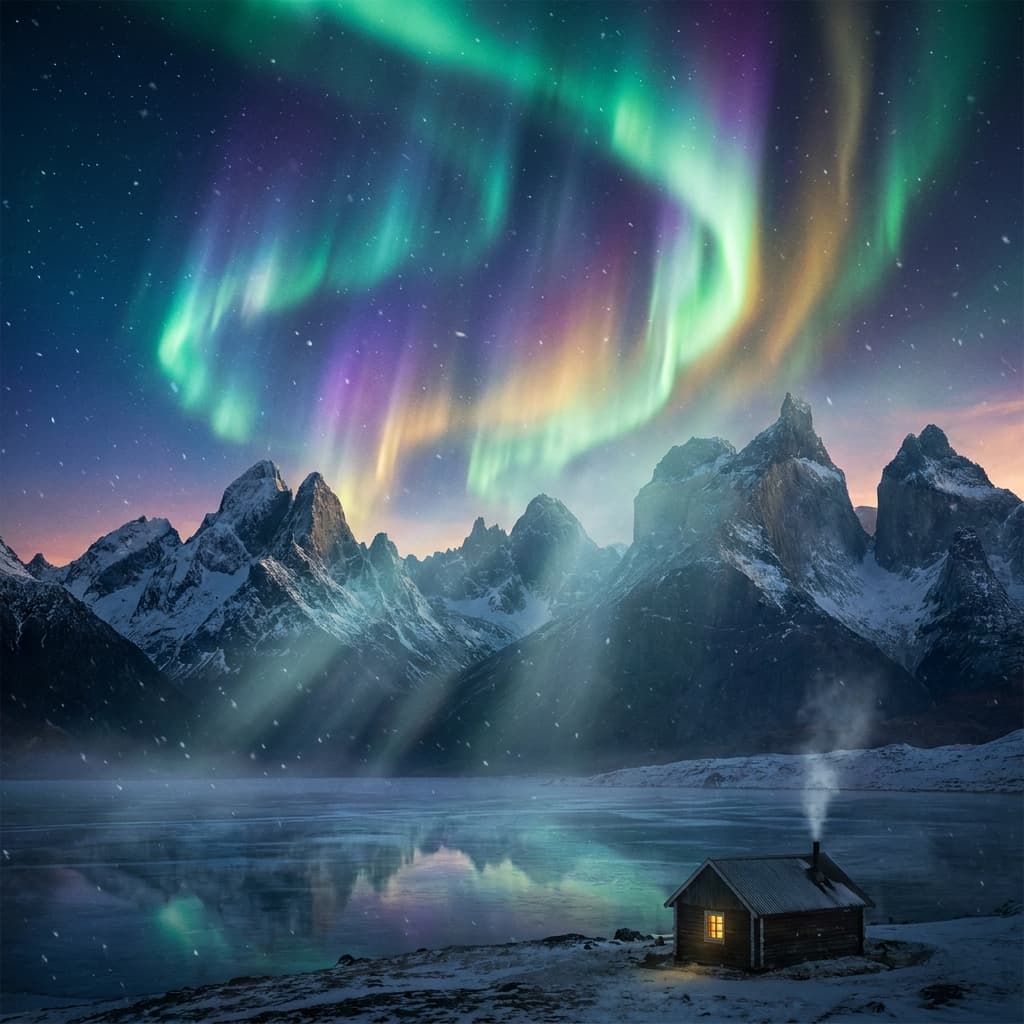 A magical aurora over snow-capped mountains at twilight, cinematic 4K, volumetric lighting, ultra-detailed landscape photography