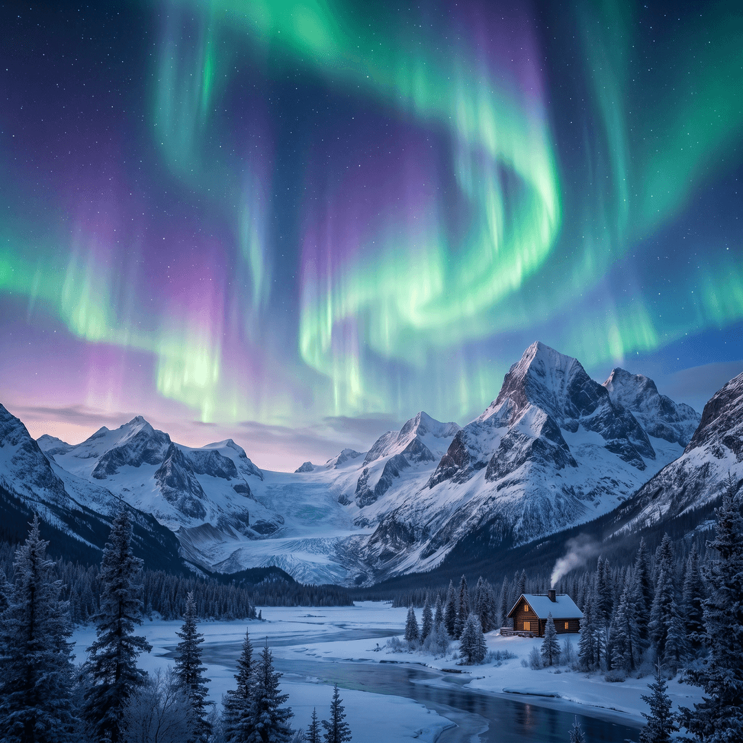 A magical aurora over snow-capped mountains at twilight, cinematic 4K, volumetric lighting, ultra-detailed landscape photography