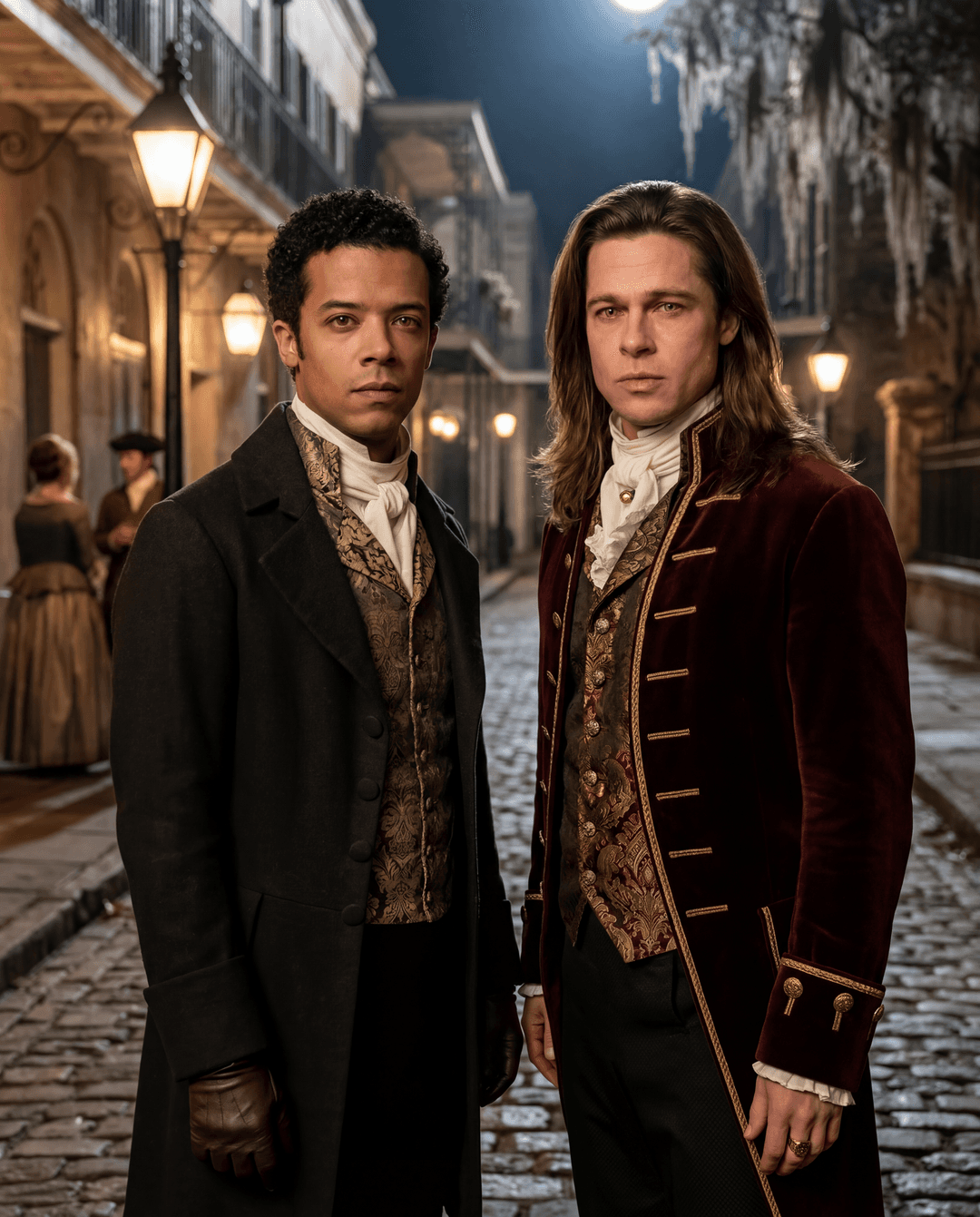 /imagine photography of young Brad Pitt as Louis de Pointe du Lac and Jacob Anderson as Louis de Pointe du Lac, both in period-appropriate 18th-century New Orleans attire. They are standing together, looking directly into the camera with an intense, captivating gaze. The setting is a dimly lit, atmospheric New Orleans street, with gas lamps casting a warm glow on cobblestone. The background subtly blurs, emphasizing the two figures. High-resolution, cinematic, hyperrealistic, detailed, natural light, shallow depth of field. --ar 4:5