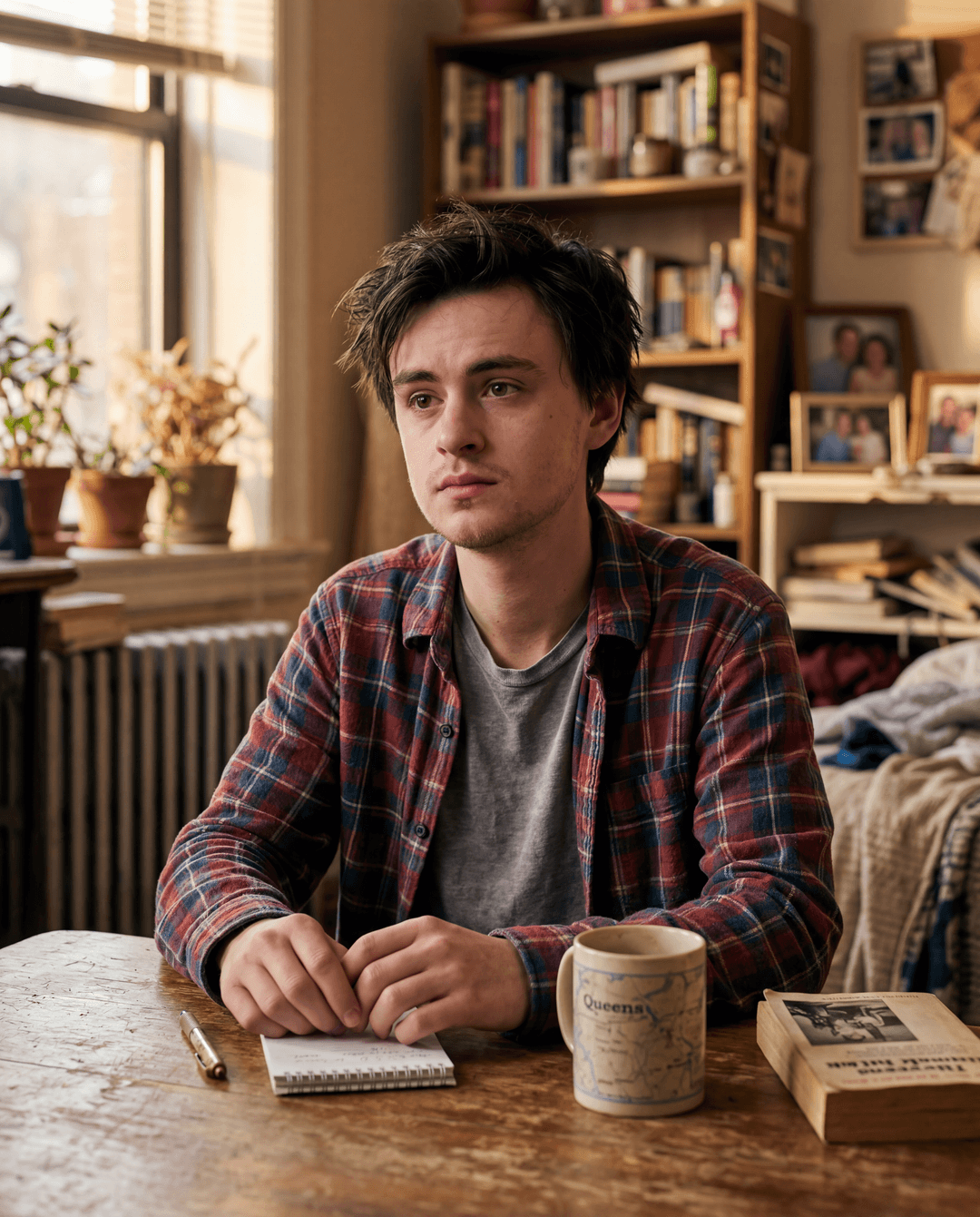 /imagine prompt: A hyperrealistic photograph of Jaeden Martell as Peter Parker, captured with a Canon EOS R5 and an RF 85mm f/1.2L USM lens. The lighting is soft, natural, and slightly golden, mimicking the late afternoon sun filtering through apartment windows. He's wearing a slightly worn, red and blue plaid flannel shirt over a faded grey t-shirt, his hair a little disheveled but still boyish. His expression is thoughtful, a subtle hint of the weight he carries, yet with a youthful innocence in his eyes. The background is a softly blurred, warm-toned interior of a modest, lived-in Queens apartment, suggesting a sense of home and everyday life. The focus is sharp on his face, with a shallow depth of field that beautifully isolates him from the background. The image should evoke a sense of quiet introspection and the relatable charm of a young hero in repose. --ar 16:9 --style raw --v 5.2