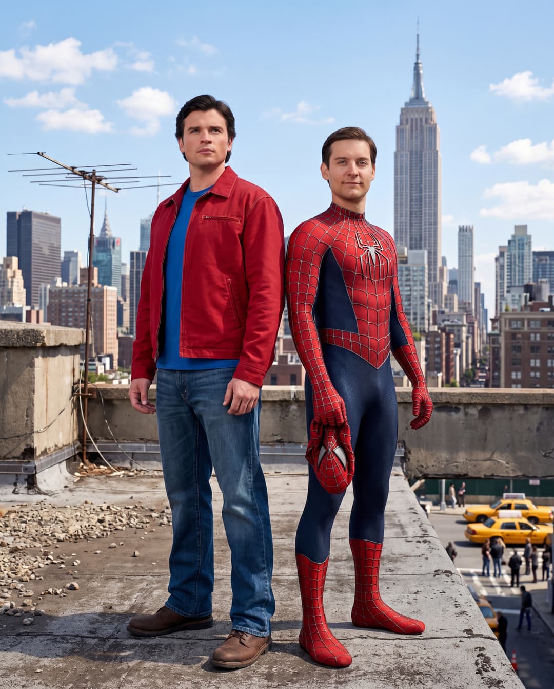 Photorealistic fan edit, cinematic still, full body shot. Tobey Maguire as Spider-Man standing back-to-back with Tom Welling as Clark Kent on a concrete city rooftop, overlooking a vast New York City skyline under a clear daytime sky. Medium close-up, both subjects facing the camera. Spider-Man is holding his mask. Hyper-detailed textures on both Spider-Man's suit and Clark Kent's suit. Accurate height representation: Tobey Maguire (5'8") and Tom Welling (6'3"). Professional studio lighting, sharp focus, vibrant colors, intricate details, 8K, ultra-high resolution.