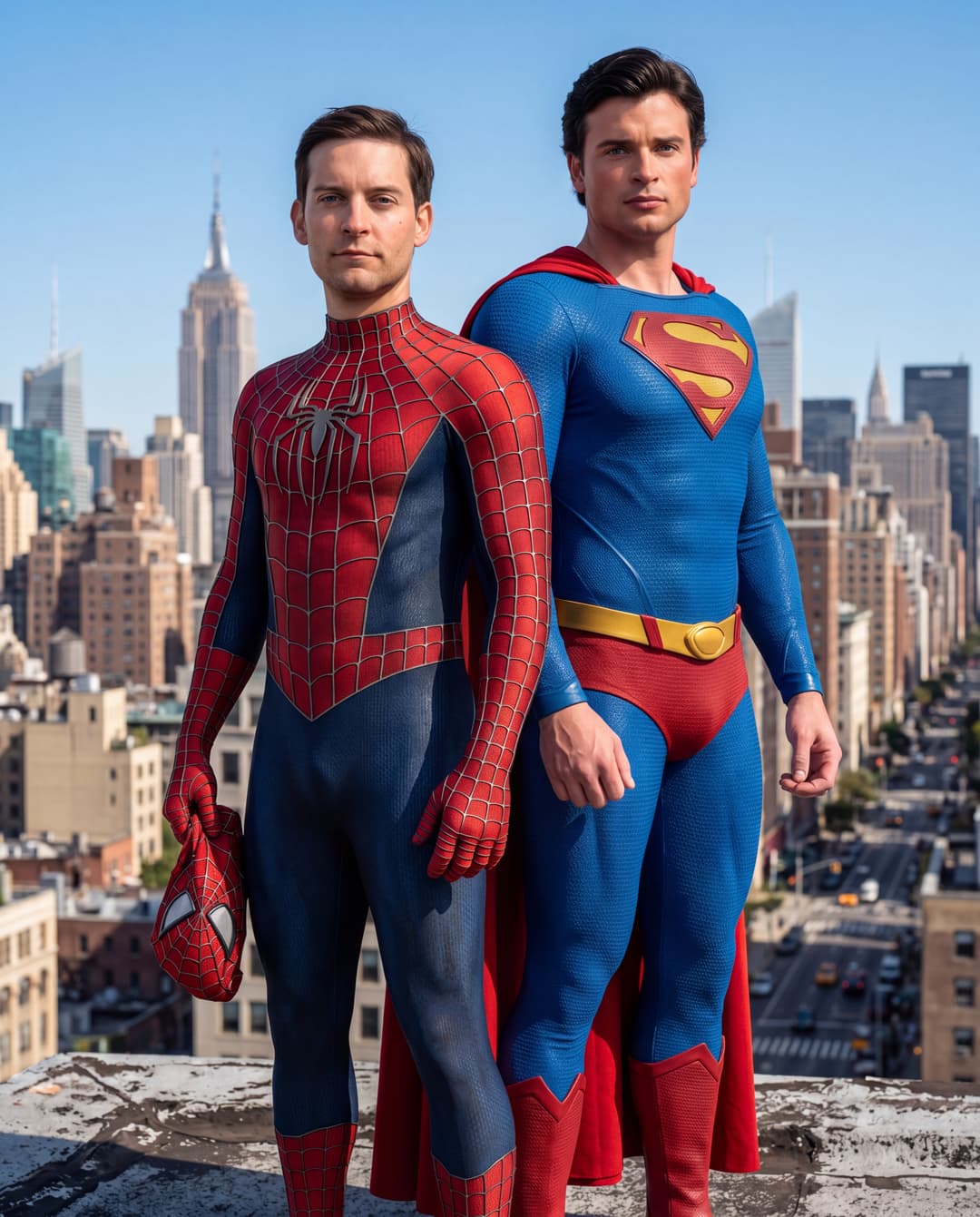 /imagine photorealistic fan edit, high-resolution, cinematic still of Tobey Maguire as Spider-Man and Tom Welling as Clark Kent, standing back-to-back on a grimy concrete city rooftop. Full body shot, medium close, both figures gazing directly into the camera. Tobey Maguire, 5'8", holds his iconic red and blue Spider-Man mask in his left hand, his suit showing intricate, weathered textures. Tom Welling, 6'3", in a classic, subtly textured Superman suit, stands tall and powerful. The backdrop is a sprawling, sun-drenched New York City skyline under a clear, azure daytime sky. The lighting is bright and even, emphasizing every detail of their suits and the urban environment. Photorealistic, hyperdetailed, professional photography, 8k.