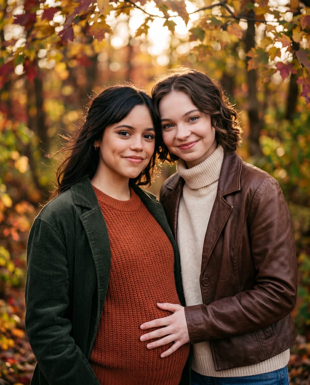 **Subject:** Jenna Ortega, visibly pregnant with a realistic baby bump, and her wife Emma Myers.
**Setting:** A cozy, autumnal outdoor scene. Think soft, diffused golden hour light filtering through a canopy of vibrant, multi-colored autumn leaves. A gentle breeze rustles the foliage, creating a sense of warmth and natural beauty.
**Composition:** Medium close-up, slightly off-center to create dynamic interest. Emma Myers' hand is tenderly placed on Jenna Ortega's baby bump, a gesture of love and anticipation. Both women are looking directly at the camera, their expressions radiating warmth, contentment, and a subtle sense of joy and excitement. Their eyes are bright and engaged, conveying a genuine connection with the viewer.
**Lighting:** Soft, warm, and natural golden hour light. The light should sculpt their faces and highlight the textures of their clothing and the autumn leaves, creating a painterly quality. Avoid harsh shadows or overexposure. A subtle rim light could define their silhouettes against the autumnal backdrop.
**Style:** Hyperrealistic photography. Focus on capturing every detail with exquisite clarity – the fine lines around their eyes as they smile, the subtle variations in skin tone, the texture of their hair, the fabric of their clothing. The overall aesthetic should be one of sophisticated elegance and intimate warmth, reminiscent of high-end editorial portraiture.
**Camera:** Full-frame DSLR or mirrorless camera with a high-resolution sensor.
**Lens:** A prime lens, such as an 85mm f/1.4 or 50mm f/1.2, to achieve a shallow depth of field, rendering the background beautifully blurred (bokeh) and keeping the focus sharply on the subjects.
**Film Emulation/Color Grading (if applicable):** A subtle, warm film emulation (e.g., Kodak Portra 400 or Fuji 400H) to enhance the autumnal tones and create a soft, inviting atmosphere. The colors should be rich and saturated but not artificial, emphasizing the natural beauty of the season.
**Keywords:** Hyperrealistic photography, cinematic portrait, autumn, fall foliage, golden hour, soft light, intimate, tender, serene, radiant, joy, love, motherhood, pregnancy, baby bump, Jenna Ortega, Emma Myers, celebrity, editorial, high-fashion, natural beauty, warmth, connection, authentic emotion.