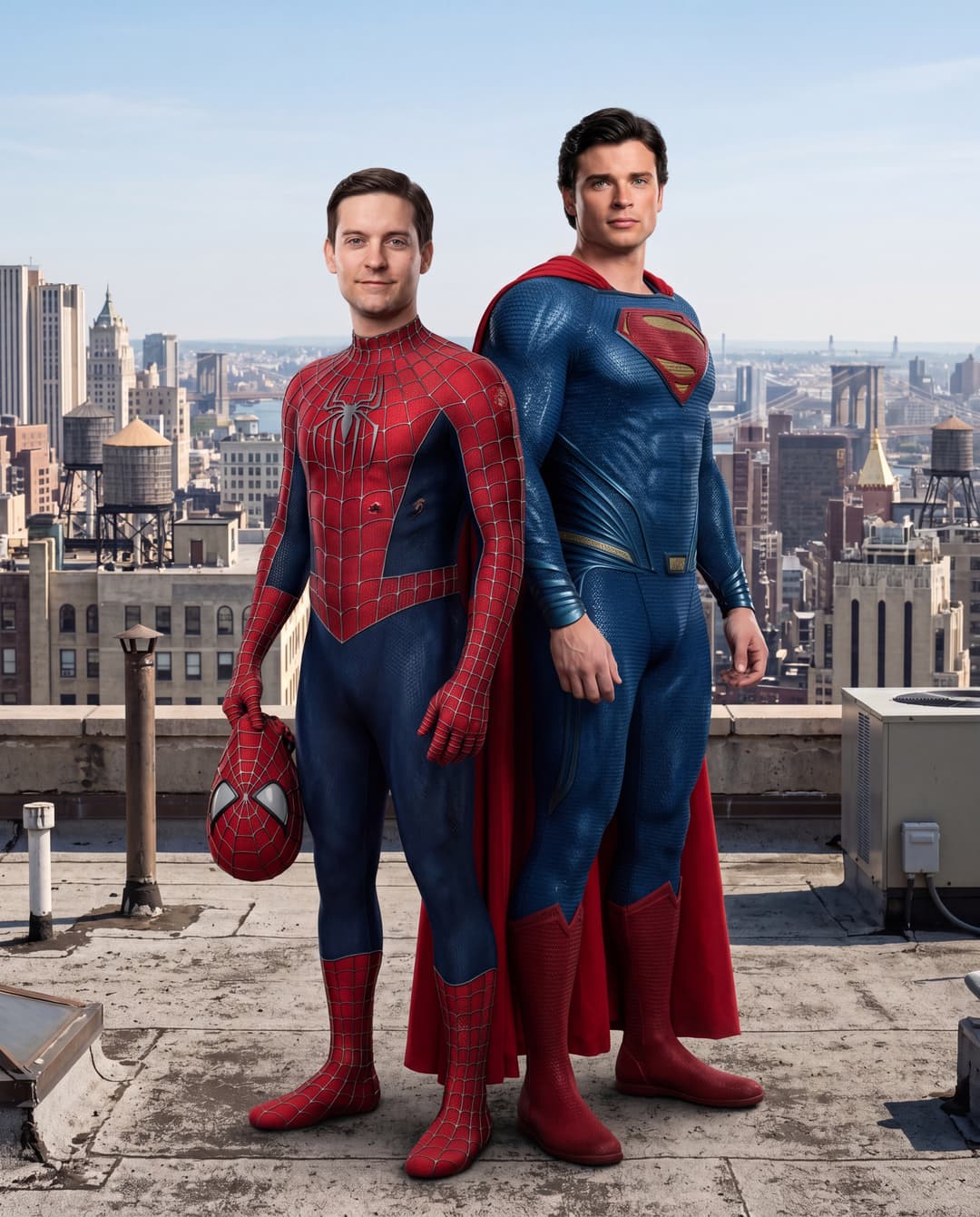  photorealistic fan edit, high-resolution, cinematic still of Tobey Maguire as Spider-Man and Tom Welling as Clark Kent from Smallville standing back-to-back on a grimy concrete city rooftop. Full body shot, medium close, both figures gazing directly into the camera. Tobey Maguire, 5'8", holds his iconic red and blue Spider-Man mask in his left hand, his suit showing intricate, weathered textures. Tom Welling, 6'3", in a classic, subtly textured Superman suit, stands tall and powerful. The backdrop is a sprawling, sun-drenched New York City skyline under a clear, azure daytime sky. The lighting is bright and even, emphasizing every detail of their suits and the urban environment. Photorealistic, hyperdetailed, professional photography, 8k. 