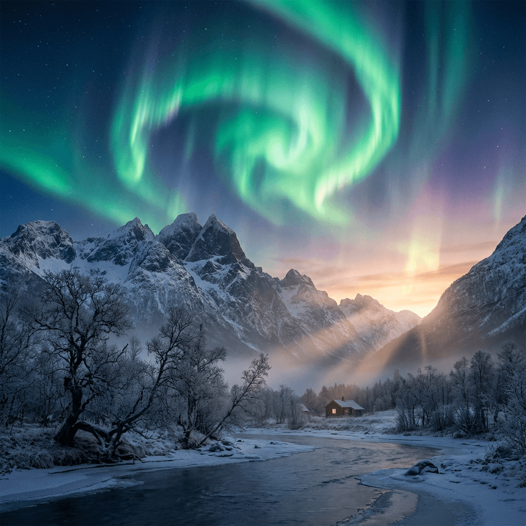 A magical aurora over snow-capped mountains at twilight, cinematic 4K, volumetric lighting, ultra-detailed landscape photography