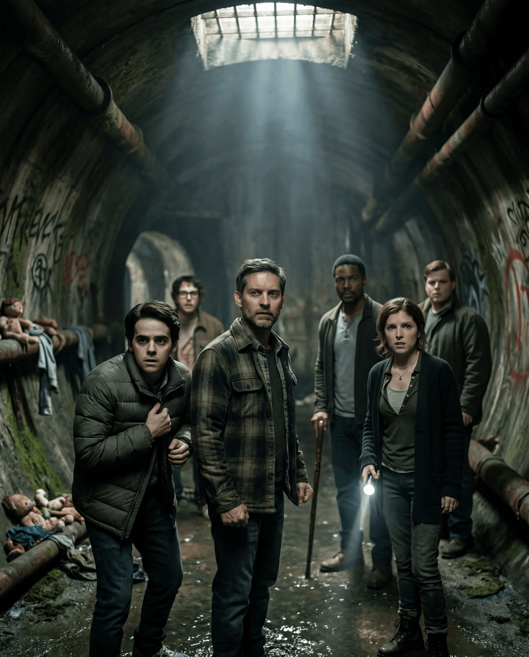 **Actors:** Tobey Maguire as Bill Denbrough, Anna Kendrick as Beverly Marsh, Adam Sandler as Richie Tozier, Brian J. White as Mike Hanlon, Henry Cavill as Ben Hanscom, Jake Gyllenhaal as Eddie Kaspbrak, Jamie Campbell Bower as Pennywise.

**Setting:** Derry, Maine, 2022-2024, during the events of the new HBO Max series "IT."

**Visual Style:** Hyper-realistic, cinematic, and gritty, with a dark, atmospheric tone. Emphasize practical effects and subtle CGI to create a sense of dread and unease.

**Lighting:** Low-key lighting with strong contrasts, highlighting the characters' faces and the unsettling environment. Utilize natural light sources where possible, such as moonlight or flickering streetlights, to enhance the realism.

**Color Palette:** Desaturated and muted, with occasional pops of unsettling reds and oranges to represent Pennywise's influence.

**Composition:** Dynamic and immersive, utilizing wide shots to establish the eerie setting and close-ups to capture the characters' raw emotions. Employ Dutch angles and unsettling perspectives to create a sense of disorientation.

**Costumes:** Authentic and detailed, reflecting the characters' personalities and the time period. For Pennywise, a terrifying and iconic design that combines classic elements with a fresh, modern twist.

**Props:** Carefully selected and placed to add to the realism and atmosphere, such as aged books, dusty trinkets, and unsettling children's toys.

**Atmosphere:** Tense, suspenseful, and terrifying, with an underlying sense of melancholy and trauma. The environment should feel alive and oppressive, constantly hinting at Pennywise's presence.

**Camera:** High-resolution, professional-grade cinema camera, such as an ARRI Alexa or RED Monstro, to capture every detail with stunning clarity.

**Lenses:** Anamorphic lenses to create a widescreen, cinematic look with a shallow depth of field, drawing attention to the characters and key elements.

**Film Stock/Digital Sensor:** A digital sensor with a high dynamic range to capture both extreme highlights and deep shadows, ensuring a rich and detailed image.

**Post-Production:** Meticulous color grading to enhance the dark and moody aesthetic, subtle visual effects to create unsettling scares, and a powerful sound design to immerse the viewer in the terrifying world of IT.

**Overall Impression:** A chilling and unforgettable adaptation of Stephen King's "IT," with a cast of acclaimed actors delivering powerful performances, breathtaking visuals, and a truly terrifying portrayal of Pennywise.