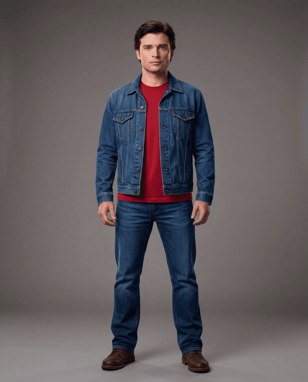 /imagine prompt: Tom Welling as Clark Kent (Smallville era), full body, standing straight, facing forward, gaze directly at the camera, wearing his iconic red and blue outfit (blue jeans, red t-shirt, blue denim jacket unbuttoned), hyper-realistic photography, sharp focus, intricate fabric details, perfect lighting, dynamic pose, 4K, high resolution, soft cinematic lighting, action photography, PNG background. --ar 4:5