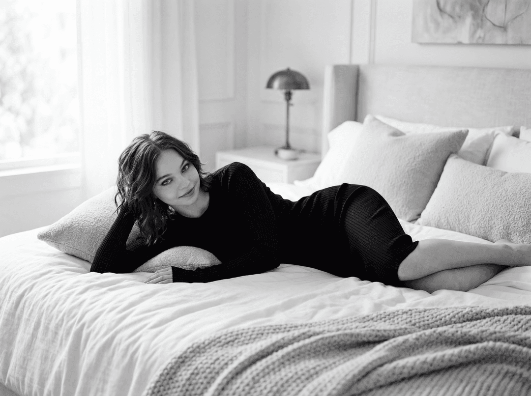 **Subject:** Emma Myers, full body, lying on a luxurious bed.
**Setting:** Upscale bedroom, natural light streaming in from a large window. The room is tastefully decorated with a subtle blend of modern and classic elements.
**Composition:** Medium shot, capturing her entire body. Her head is turned slightly towards the viewer, a soft, alluring smile playing on her lips. Her eyes are captivating, exuding confidence and a hint of playful mystery. Her hair, styled in loose, natural waves, frames her face beautifully and cascades over her shoulders onto the bed. Her body is positioned in a relaxed, elegant pose, emphasizing her natural curves and graceful form, without revealing any explicit details. The focus is on her serene expression, the elegant lines of her body, and the luxurious textures of the environment.
**Lighting:** Soft, diffused natural light from a large window, creating subtle shadows and highlights that sculpt her form and add depth to the scene. The lighting is designed to be flattering and artistic, enhancing the overall allure and sophistication of the image.
**Style:** High-fashion editorial, reminiscent of classic allure magazine spreads. Emphasize elegance, sophistication, and a confident, natural beauty. The image should evoke a sense of intimacy and vulnerability, without being overtly sexual.
**Photography Techniques:** Fine art portraiture, black and white photography. Use a high-resolution camera with a prime lens to capture exquisite detail and texture. Shallow depth of field to keep the focus on Emma, while subtly blurring the background to create a dreamy, intimate atmosphere.
**Tone:** Elegant, sophisticated, alluring, confident, natural, intimate.
**Aesthetic:** Timeless, classic, high-fashion, artistic.
**Details:**
*   **Skin:** Flawless, luminous skin with a soft, natural glow.
*   **Hair:** Naturally wavy, slightly tousled, adding to the relaxed yet elegant feel.
*   **Bedding:** High-thread-count white linen sheets and a plush, textured throw, creating a luxurious and inviting setting. The fabric should drape elegantly around her, adding to the artistic composition.
*   **Background:** A suggestion of a chic, minimalist bedroom with subtle architectural details or a piece of abstract art on the wall, adding to the upscale ambiance without distracting from the subject.
**Overall Impression:** A stunning, artistic black and white photograph that celebrates natural beauty, confidence, and sophisticated allure, perfectly suited for a high-end fashion magazine. The image should be captivating, elegant, and leave a lasting impression of grace and beauty.