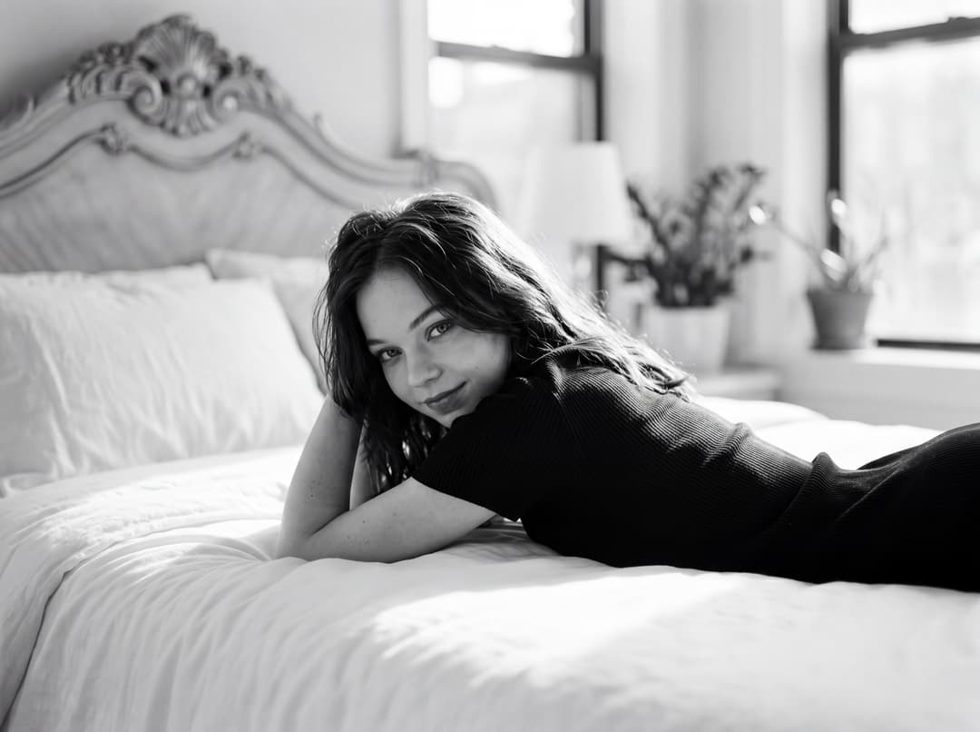 **Subject:** Emma Myers, 22-year-old, striking, with long, flowing dark hair cascading over her shoulders.

**Pose:** Reclining gracefully on her stomach on a plush, pristine white bed. Her head is gently propped on her forearms, gaze directed captivatingly over her shoulder, a hint of a knowing smile playing on her lips.

**Setting:** A luxurious, sun-drenched bedroom. The focal point is an exquisite vintage ornate headboard, intricately carved with delicate floral motifs, bathed in a soft, ethereal glow. The bedsheets are impeccably smooth, hinting at fine linen.

**Lighting:** Soft, natural light streams in from a large window, creating a luminous, almost ethereal quality. The light sculpts the contours of her form, highlighting her delicate features and the subtle play of shadows. There are no harsh highlights or deep shadows, only a gentle, even illumination.

**Style:** High-fashion editorial, reminiscent of a classic Allure magazine spread. The image exudes an air of sophisticated sensuality and understated elegance.

**Photography:** Shot with a medium format camera, resulting in exceptional detail and clarity. The depth of field is shallow, subtly blurring the background to keep the focus sharply on the subject.

**Color Palette:** Monochromatic black and white, expertly graded to enhance the textures and forms, creating a timeless and artistic aesthetic. Rich, deep blacks and brilliant whites, with a full range of nuanced grays in between.

**Atmosphere:** Intimate, serene, and profoundly artistic. The image is designed to evoke a sense of beauty, vulnerability, and quiet confidence.

**Keywords:** Black and white photography, editorial, high fashion, sensual, elegant, timeless, intimate, natural light, vintage, luxurious, Emma Myers.