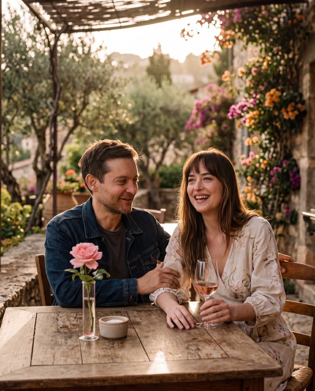 /imagine prompt: **Hyperrealistic photograph of Tobey Maguire and Dakota Johnson in a candid, intimate moment, bathed in the warm, soft glow of late afternoon golden hour. Tobey, with a subtle, knowing smile, gently touches Dakota's arm, her head tilted slightly, a genuine, relaxed laugh playing on her lips. They are seated at a vintage, distressed wooden table on a sun-drenched patio, a single, delicate glass of rosé and a blooming rose in a small vase between them. The background is softly blurred, hinting at lush, Mediterranean-style foliage. Shot on a high-end Hasselblad with an 85mm f/1.2 lens, capturing every minute detail – the slight crinkle around their eyes, the texture of their clothing, the faint dust motes dancing in the light. The color palette is rich and warm, with deep amber, soft pinks, and muted greens. Cinematic lighting, natural diffused light, shallow depth of field, meticulously composed. --ar 16:9 --v 5.2**