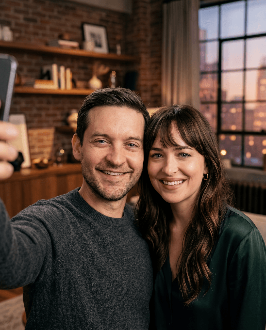 Photorealistic studio portrait of Tobey Maguire and Dakota Johnson, side-by-side, perfectly framed in a selfie. Both are smiling genuinely, looking directly into the lens with natural, soft expressions. The lighting is even, flattering, and studio-quality, emphasizing their natural features and skin tones. The background is a subtly out-of-focus, sophisticated urban loft interior with warm, inviting tones. The image captures a candid, spontaneous moment, yet with the impeccable clarity and detail of a professionally shot photograph. The focus is razor-sharp on their faces, with a shallow depth of field that subtly blurs the background. The overall aesthetic is clean, modern, and high-end, as if captured by a top-tier fashion photographer.