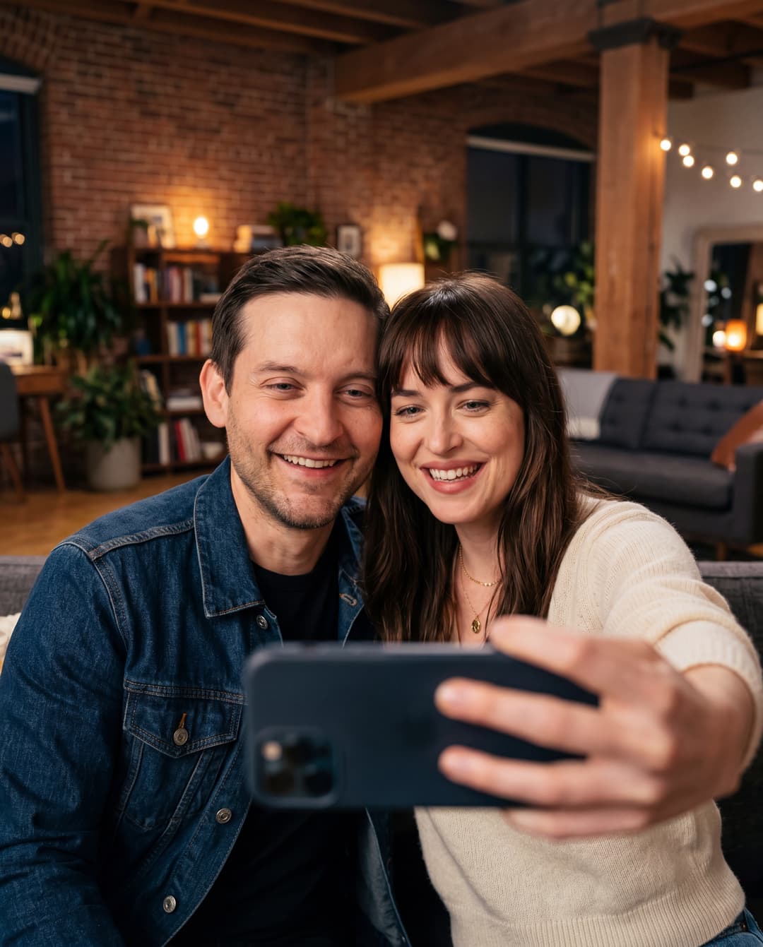 /imagine photorealistic studio portrait of Tobey Maguire and Dakota Johnson, side-by-side, perfectly framed in a selfie. Both are smiling genuinely, looking directly into the lens with natural, soft expressions. The lighting is even, flattering, and studio-quality, emphasizing their natural features and skin tones. The background is a subtly out-of-focus, sophisticated urban loft interior with warm, inviting tones. The image captures a candid, spontaneous moment, yet with the impeccable clarity and detail of a professionally shot photograph. The focus is razor-sharp on their faces, with a shallow depth of field that subtly blurs the background. The overall aesthetic is clean, modern, and high-end, as if captured by a top-tier fashion photographer. --ar 16:9 --v 5.2