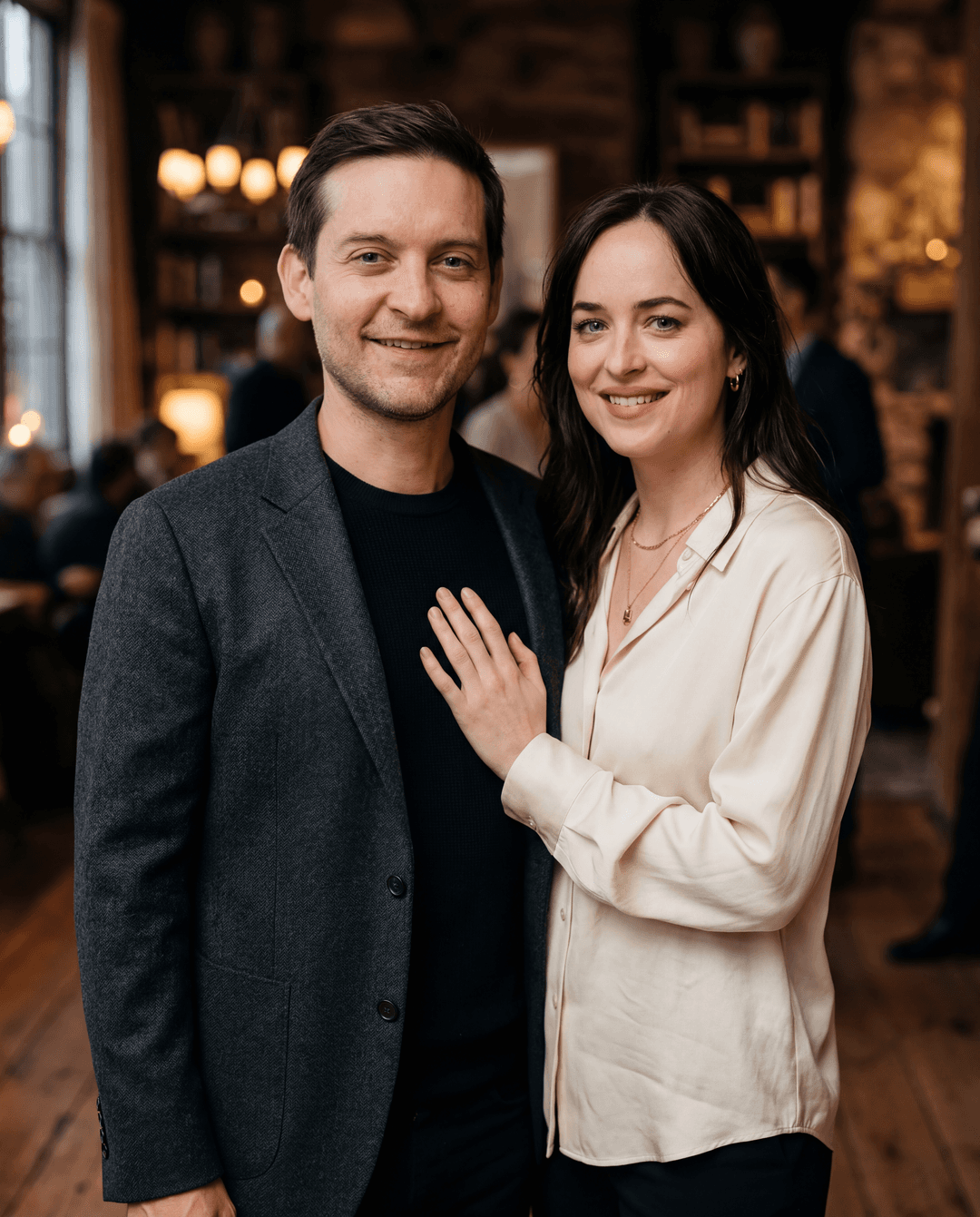 /imagine prompt: Tobey Maguire and Dakota Johnson, standing side-by-side, both looking directly into the camera. Dakota's hand is gently placed on Tobey's chest, a subtle embrace. The lighting is soft and natural, emphasizing their expressions and the texture of their clothing. Shot with a Canon EOS R5 and a RF 85mm f/1.2 L USM lens, creating a shallow depth of field with beautiful bokeh. Hyperrealistic, cinematic photography, film grain, subtle color grading, highly detailed, sharp focus on their faces.