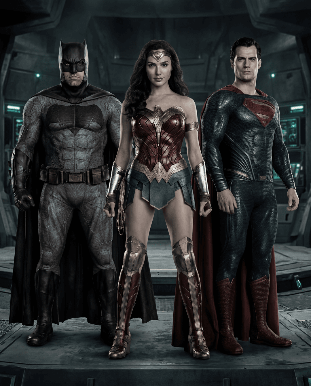 **Photorealistic cinematic still from Zack Snyder's Justice League (2021).** Batman stands stoically on the left, Wonder Woman powerful in the center, and Superman resolute on the right, all three heroes locked in a determined gaze directly at the viewer. The image is captured with the precision of an Arricam LT, Arricam ST, and Arriflex 235/435 camera system, paired with Leica Summilux-C lenses, showcasing exceptional optical quality. Shot in Super 35 (4-perf) with an immersive 4:5 aspect ratio, the scene embodies the film's signature aesthetic: a muted, high-contrast, and desaturated color palette. Reds, blues, and greens are notably subdued, creating a "dark, gritty" atmosphere reminiscent of Batman v Superman, with deep shadows and subtle highlights that emphasize the gravitas of the moment. The overall tone is intense and dramatic, reflecting the serious stakes of the Snyder Cut.